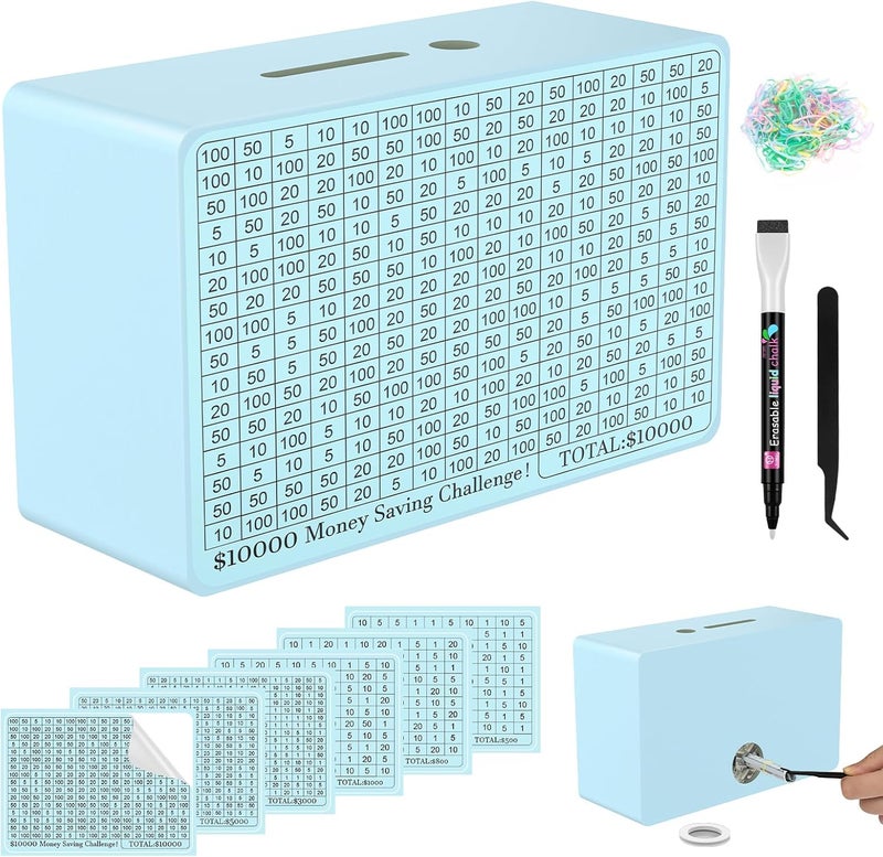 Gomyrod Wooden Money Saving Box, Cash Vault Savings Box for $10000 $5000 $3000 $1000 $800 $500 Target Money Saving Challenge, Reusable Money Box with Counter, Dry Erase Pen/Savings Trackers/Rubber Band-Blue - Image 1